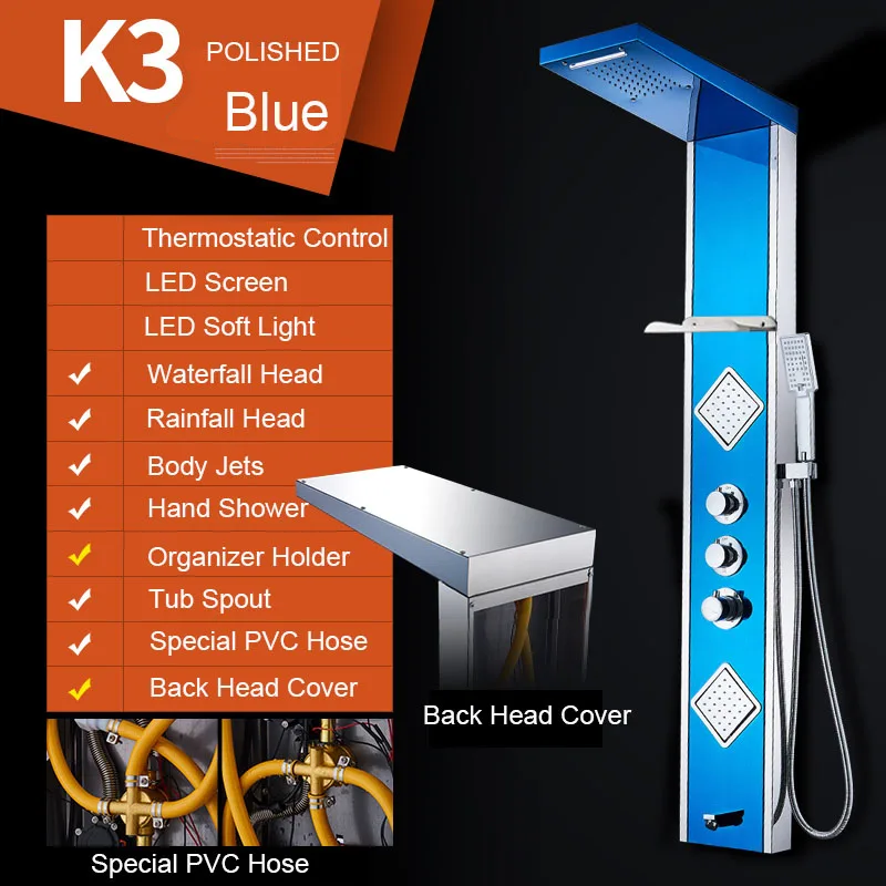 Роскошная термостатическая контрольная складная душевая панель, полированное зеркало SUS304, с держателем-органайзером, водопад, дождь, струя тела - Цвет: K3 Polished BLUE