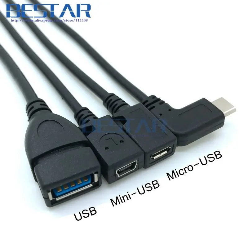 Discount 100pieces/lot USB 3.1 Type-c Male Right Angle to USB Mini-USB Micro-USB Female Convert adapter Cable 25cm Mini Micro USB Cables 6