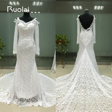 Real Image Off the Shoulder Long Sleeves Lace Open Back Mermaid Wedding Dresses 2016 Long Bridal Gown Vestido de Novia FW16