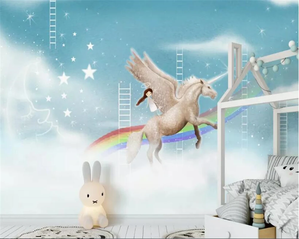 

beibehang wall paper for kids room Blue Sky Clouds papel mural Rainbow Birds Children Room Background wallpapers for living room