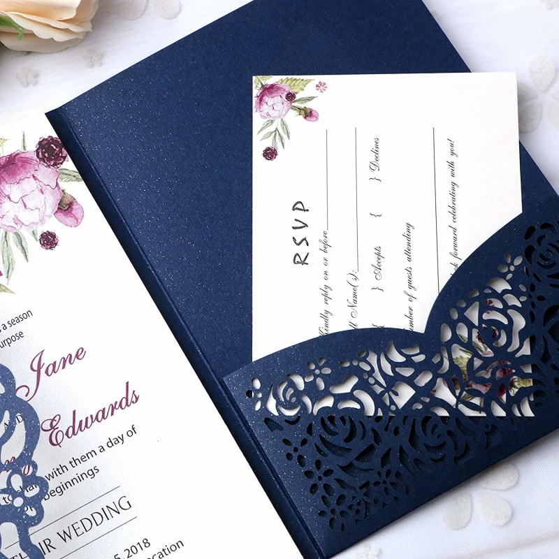 PONATIA 20 шт. лазерная резка 5x7 приглашения карты с бордовый ленты для свадебной вечеринки обручение День рождения(темно синие