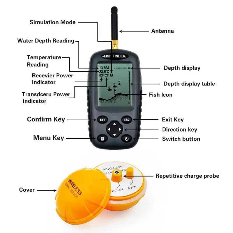 شاشة lcd السمك الباحث waterpoof المحمولة اللاسلكية كاشف الأسماك السونار fishfinder الصمام مع الخلفية أسلم
