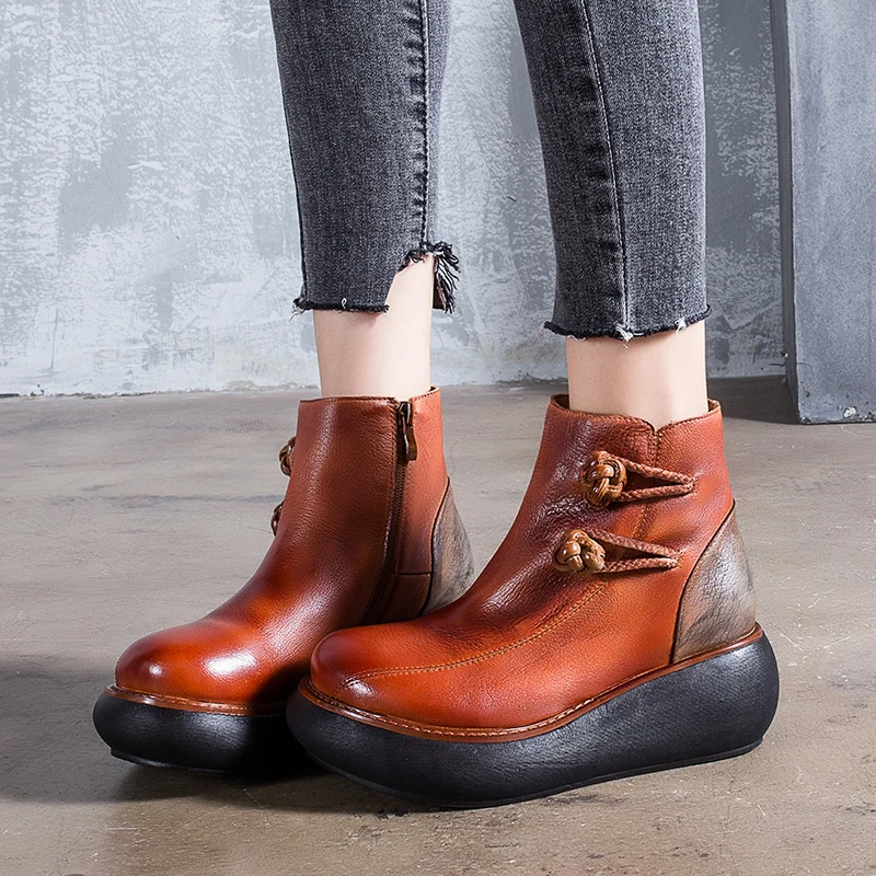 

Retro Shoes Woman 2018 New Arrival Female High Platform Booties Double Button Design Handmade Original Leather Lady Boots