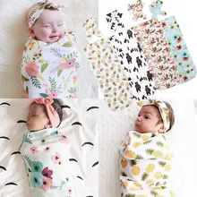 2Pcs Cute Baby Blankets Newborn Swaddles Blankets Soft Muslin Wrap+Headband Casual Floral Printed Blanket Cotton Muslin Blanket