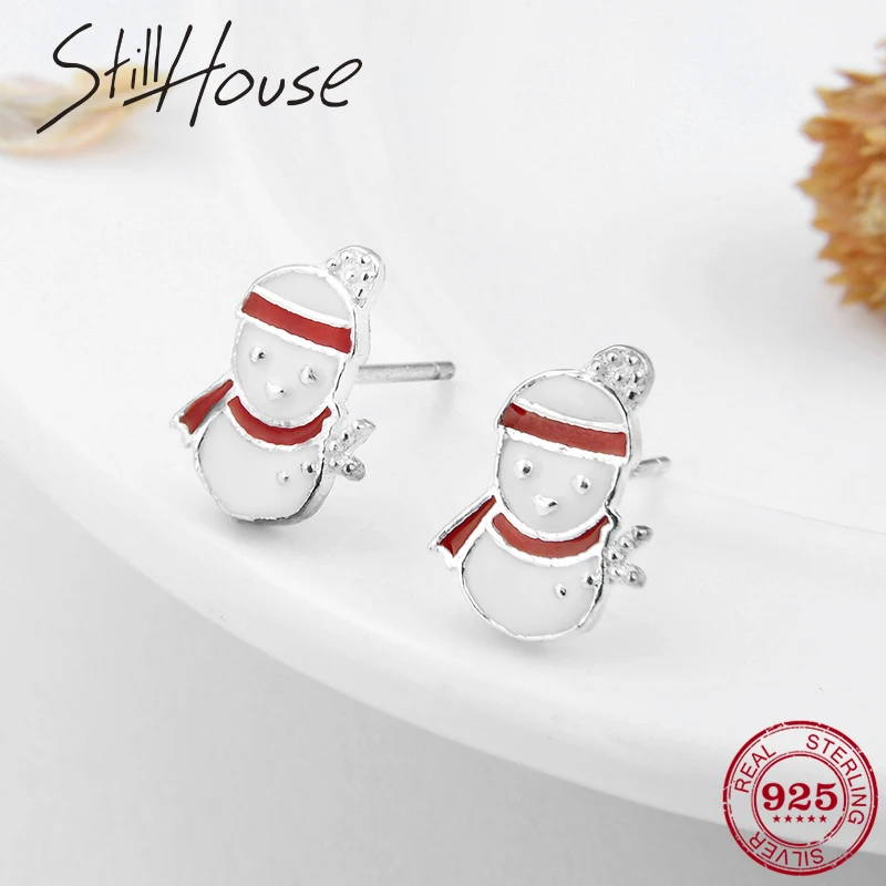 2018 Hot Christmas Earrings 925 Sterling Silver Collection Cute snowman Small studs for Women Jewelry Gift Enamel | Украшения и