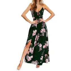 Сексуальная крест ремешок платье с открытой спиной Для женщин v-образным вырезом Boho с цветочным принтом длинное пляжное платье Леди