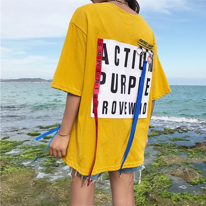 Hz Harajuku Letter Print Ribbon Decorate T Shirt Women O Neck
