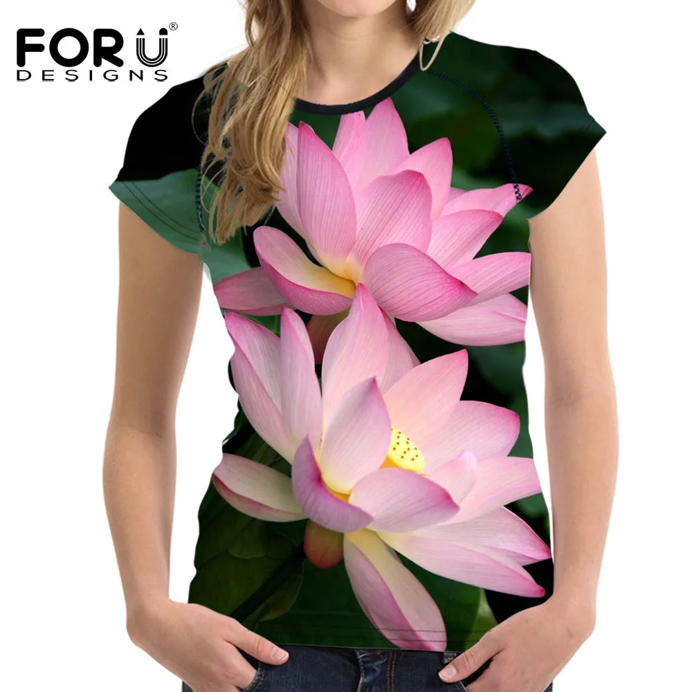

FORUDESIGNS t-shirt Summer Tops Tees Shirt Women Clothing O-Neck Fragrance T shirt Lotus Flower Female tshirt Casual Fitness XXL