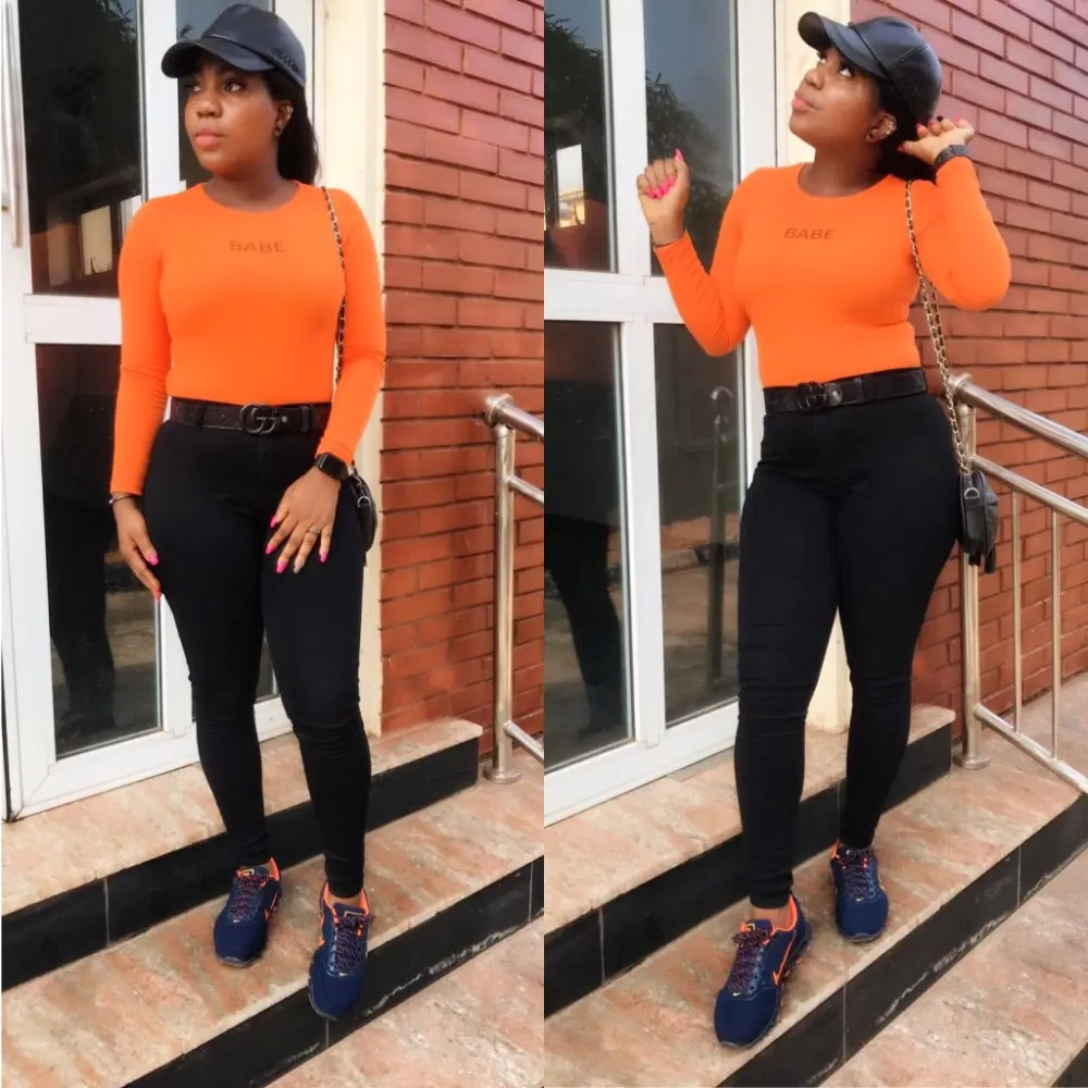 

Fashion Sexy Women BABE Letter Romper Long Sleeve Stretch Leotard Tops 2019 Skinny O-neck One Piece Cotton Jumpsuit Black Orange