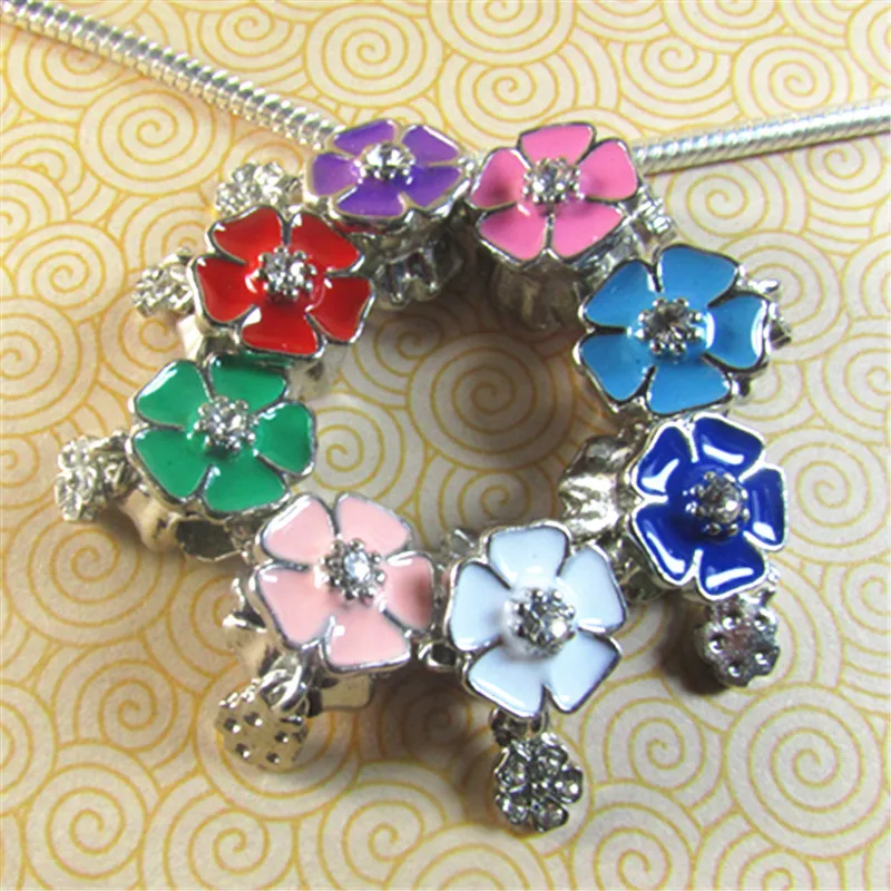 

6pcs Lucky Flower Inlay Crystal Enamel Technology Slide Spacer Big Hole Charm Bead Fit European Style Bracelet or Necklace