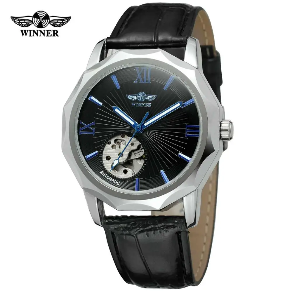 Часы WINNER Серебристые круглые синие римские цифры черная поверхность черный кожаный ремешок Мужские автоматические часы - Цвет: black