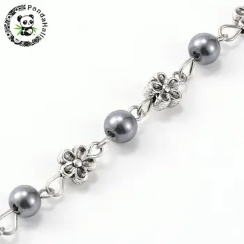 

7mm Handmade Round Glass Pearl Beads Chains for Necklaces Bracelets Making Tibetan Style Alloy Flower Links and Iron Eyepins,