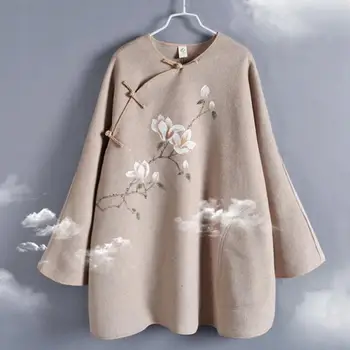

Chinese Style Women's Winter Wool Blend Coat Improved Tang suit jacket cross-body hand-painted top