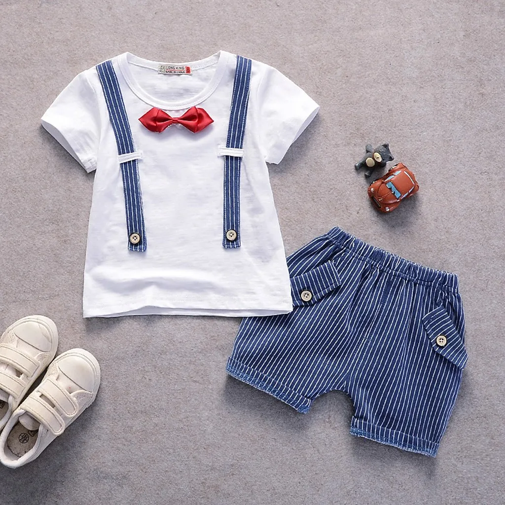 Summer Kids Boys Bow Clothes Sets Baby Gentleman High Qulity Short T shirt + Pants Toddler Boy Clothing Casual Kids Outfits Baby
