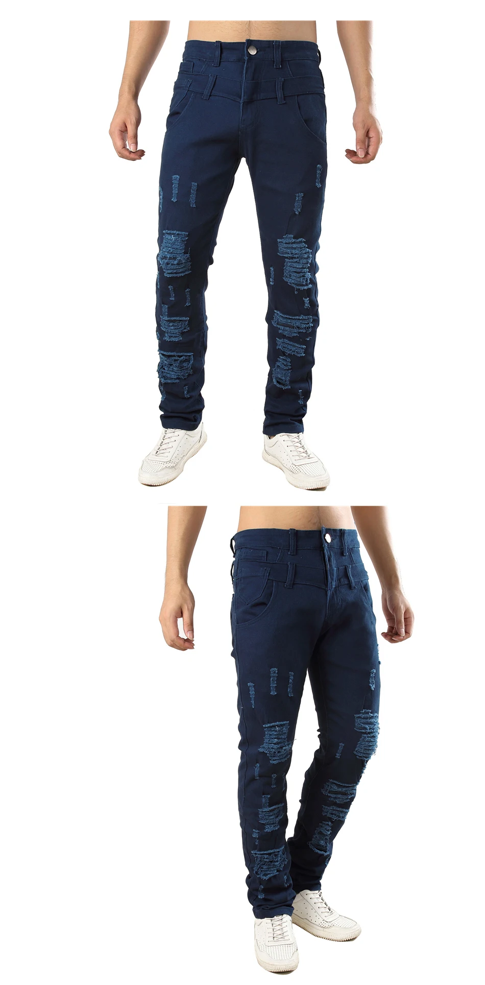 QUANBO для мужчин отверстие повседневные джинсы поддельные двойка модные High Street Узкие рваные мотобрюки эластичные темно синие Джинс