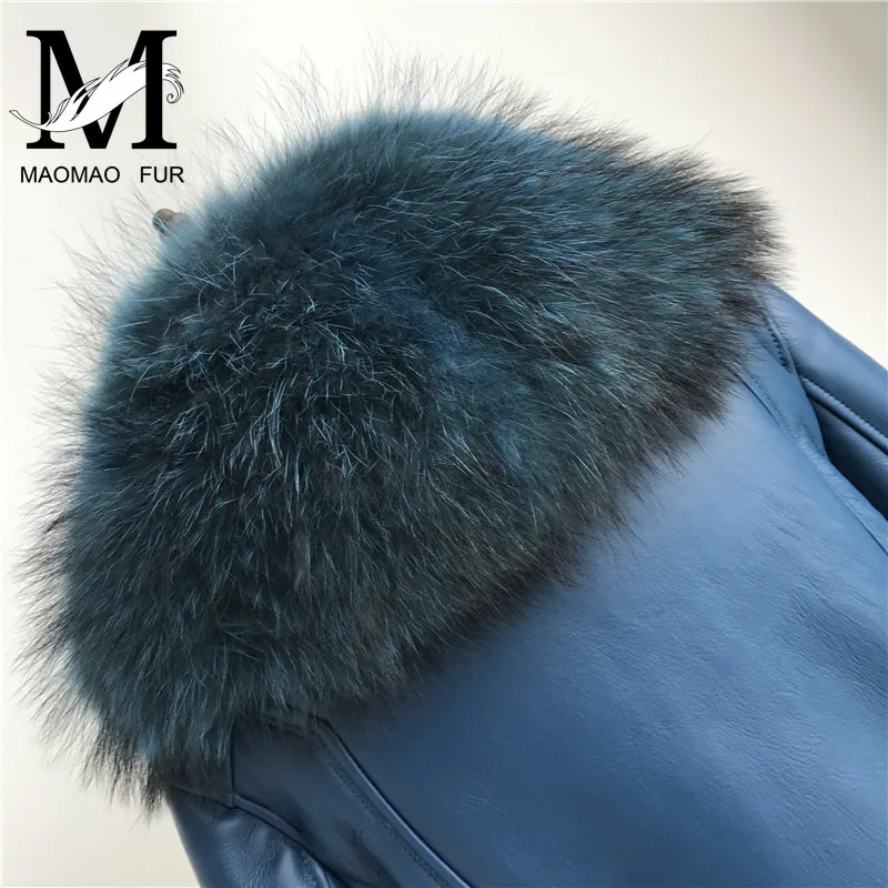 Women Real Sheep Fur Coat Winter Warm Fashion Genuine Merino Sheepskin Leather Jacket Natural Real Large Raccoon Fur Collar Coat