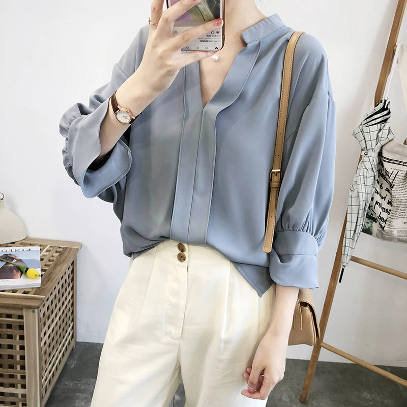 

Spring Summer Women Chiffon Blouses V Neck Solid Loose Ruffles Work Shirt Office Lady Chic Street Tops Three Quarter Sleeve