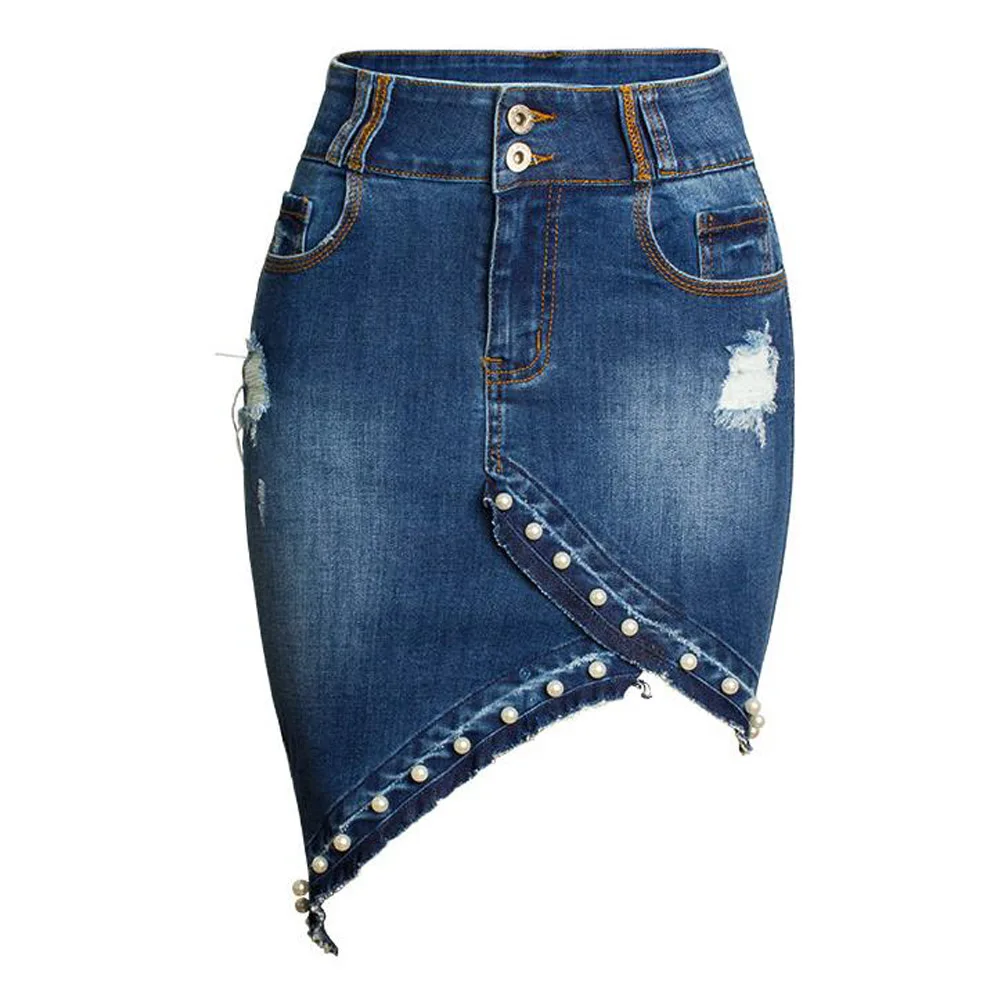 Плюс размер джинсовая юбка 3XL высокая талия стрейч асимметричный подол жемчуг Bodycon мини джинсовые юбки Уличная Повседневная юбка Jupe Femme - Цвет: Denim Skirt