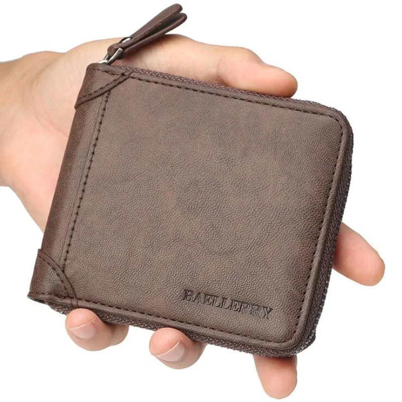 

Mens Leather Wallet Men Business ID Card Holder Billfold Small Clutch Zip Purse Wallet New Brand Coffee Coin Holder Male Wallet