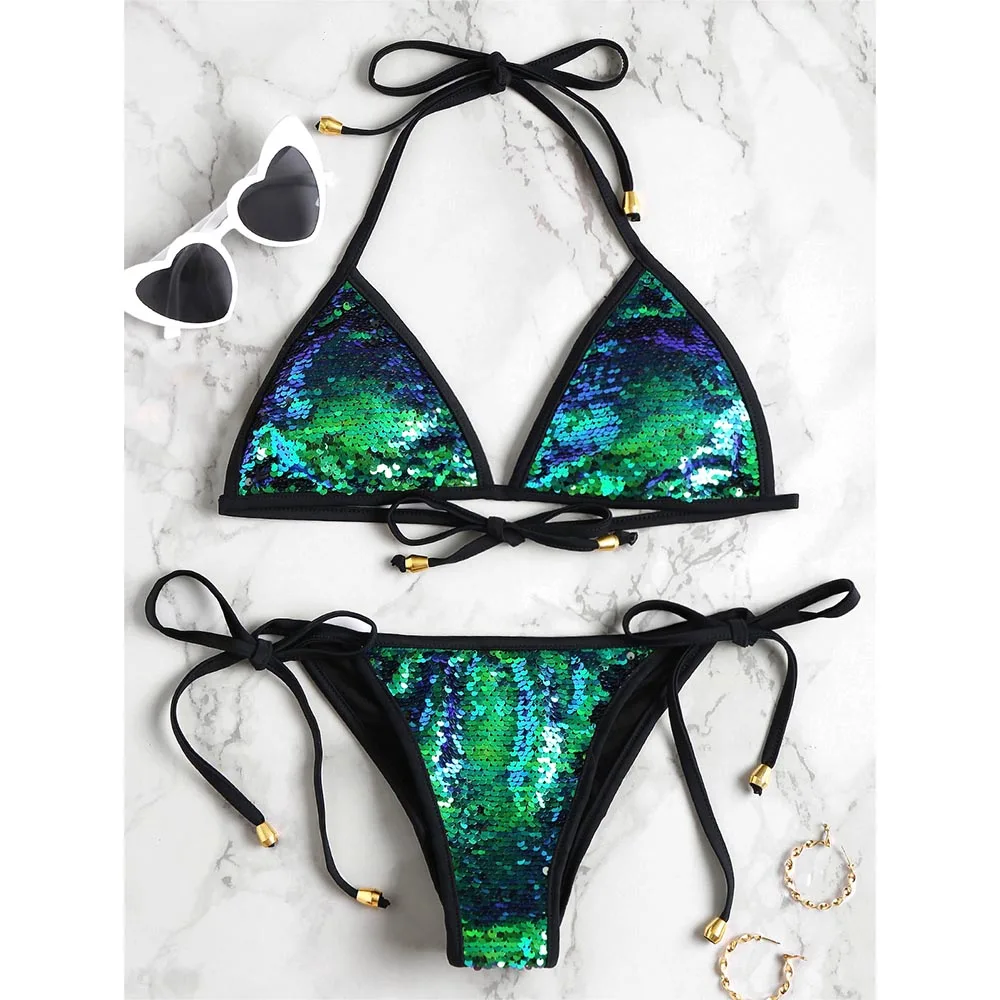 Self-Tie Sequined Bikini Set Brazilian Bikini String Halter Bathing Suit Women Swimwear Swimsuit Biquinis Maillot De Bain