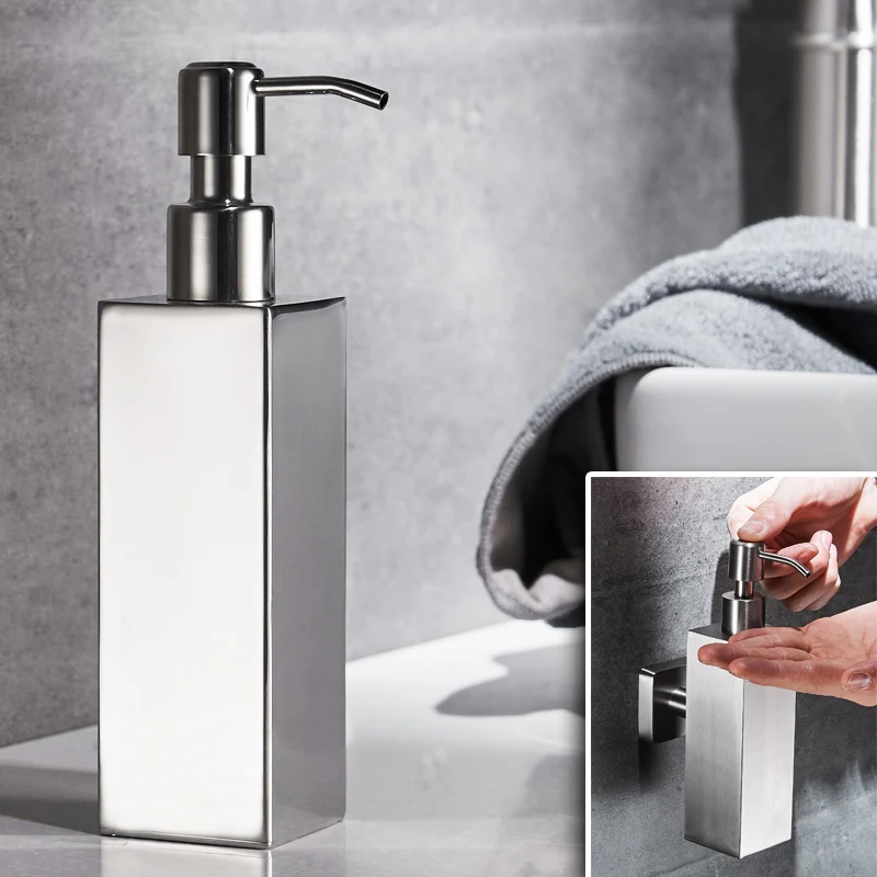 

Modern Silver Brush/polish Soap Dispenser 304 Stainless Steel Press Sanitizer Bottle Hotel Wall Mount Square base Shower Gel Box