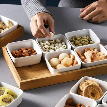 

Food Grade Ceramic + Wooden Board Jars Bowl Melon Seed Nuts Grain Bowls Candy Snack Dry Fruit Storage Boxes Container