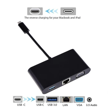 

1080P Type-C to USB3.0 + RJ45 LAN + VGA +Type-C PD CHarging +3.5mm Audio Port Adapter Multi-Port Type-C Converter