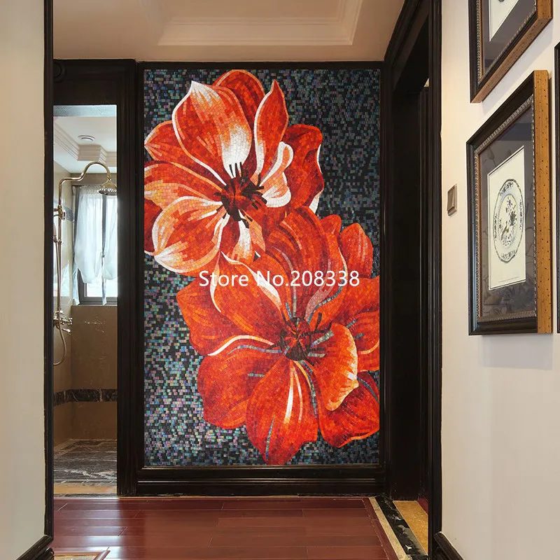 Красный цветок мозаика фреска для дома/отеля Декор Роскошная стеклянная мозаика художественная роспись для стены