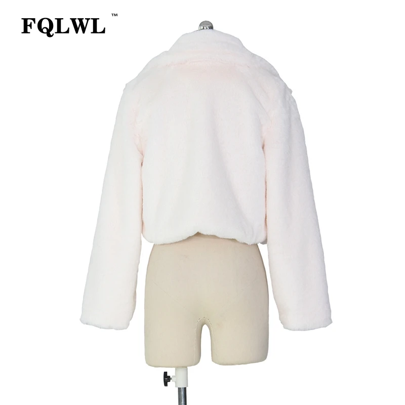 FQLWL Fluffy Faux Fur Coats Women Solid Furry Teddy Turn Down Collar Cropped Jacket Fur Female Overcoat Winter Warm Outerwear