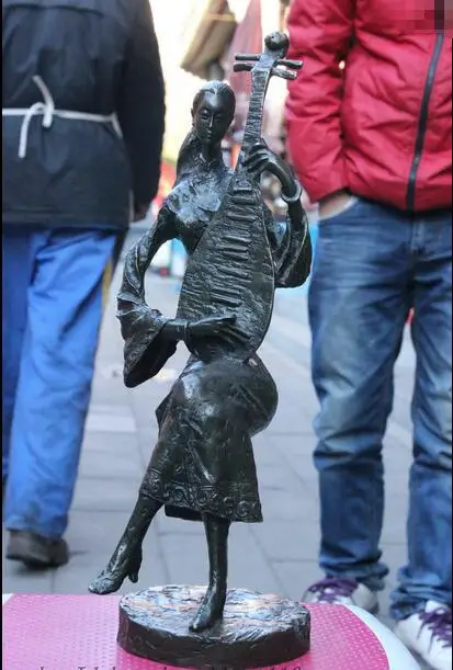 

free 18" Western Art sculpture Copper Bronze Marble Belle Women Lute Pipa Art Statue fast