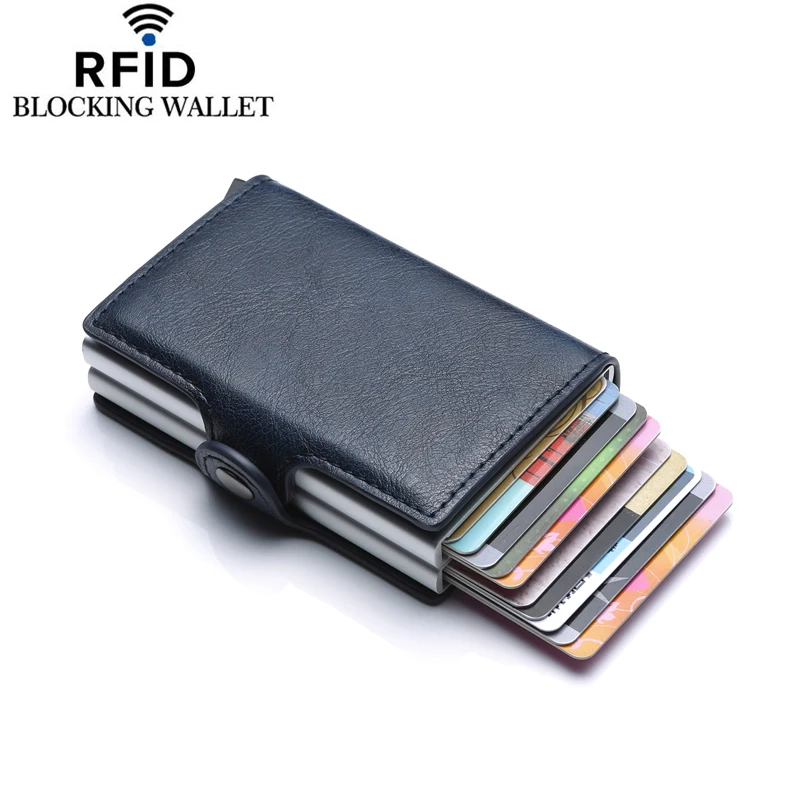 Бизнес ID держатель для кредитных карт кошелек для мужчин и женщин с металлической блокировкой RFID кошелек двойная коробка искусственная кожа Crazy Horse Чехол для карт