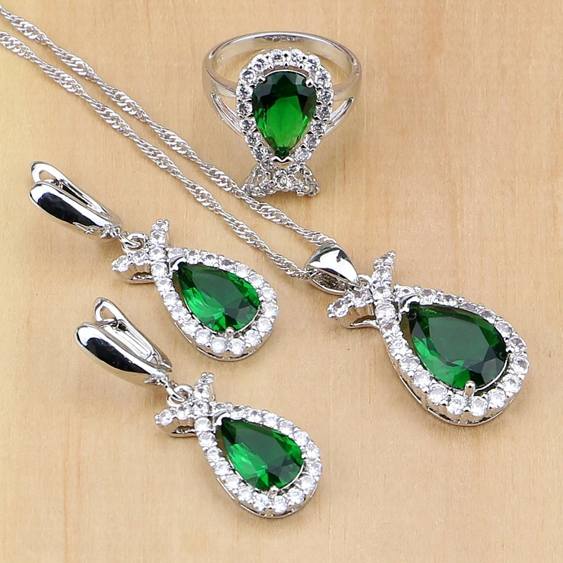 

Green Created Emerald White Zircon 925 Sterling Silver Jewelry Sets For Women Wedding Earrings/Pendant/Necklace/Rings