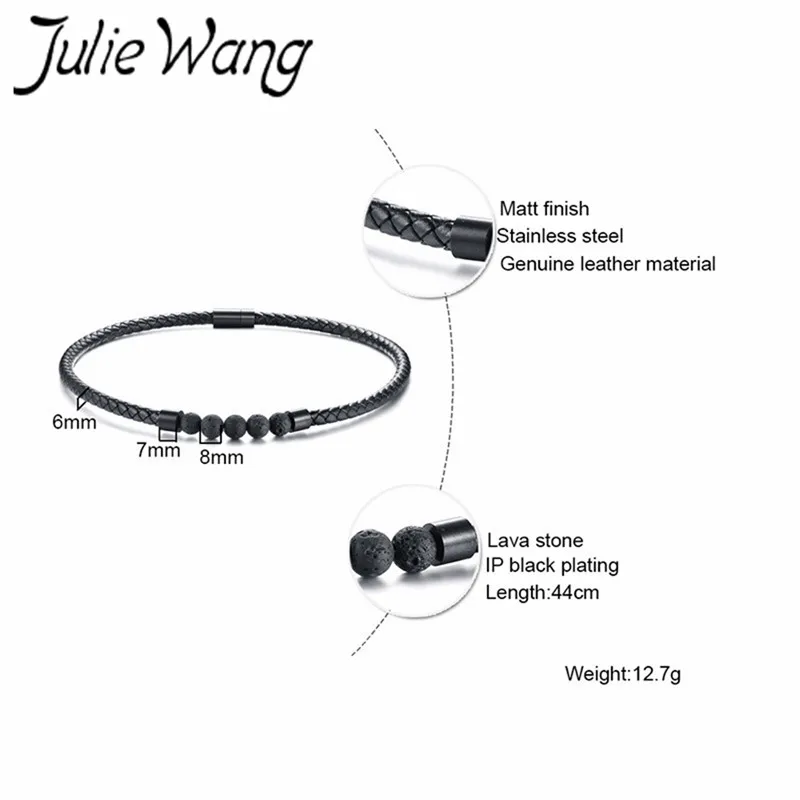 Браслет JulieWang со стальной пряжкой кожа + лавовые бусины ошейник для домашних