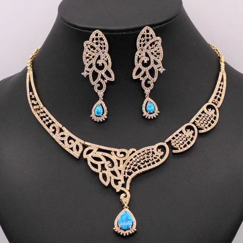

GZJY Luxury Wedding Party jewelry Champagne Gold Color Fire Opal Zircon Necklace Earring Jewelry Sets For Women J09-1