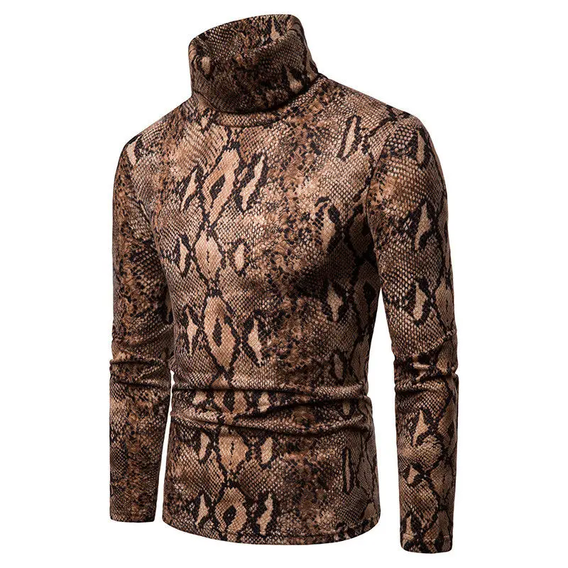 Мужской свитер с высоким воротником зимний теплый свитер Змеиный леопардовый Топ свитер рубашка с длинными рукавами - Цвет: Коричневый