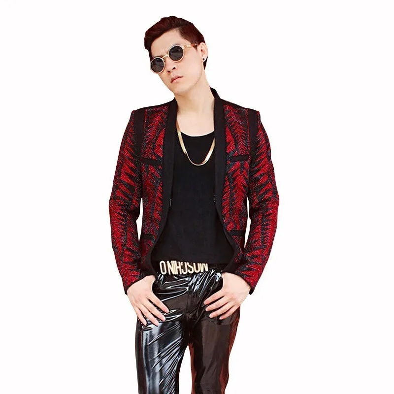 

Hairstyle Division Club Male Host Show Wedding Small Man's Suit 2019 Autumn Red Black Hot Drilling Heavy Suit Loose Coat