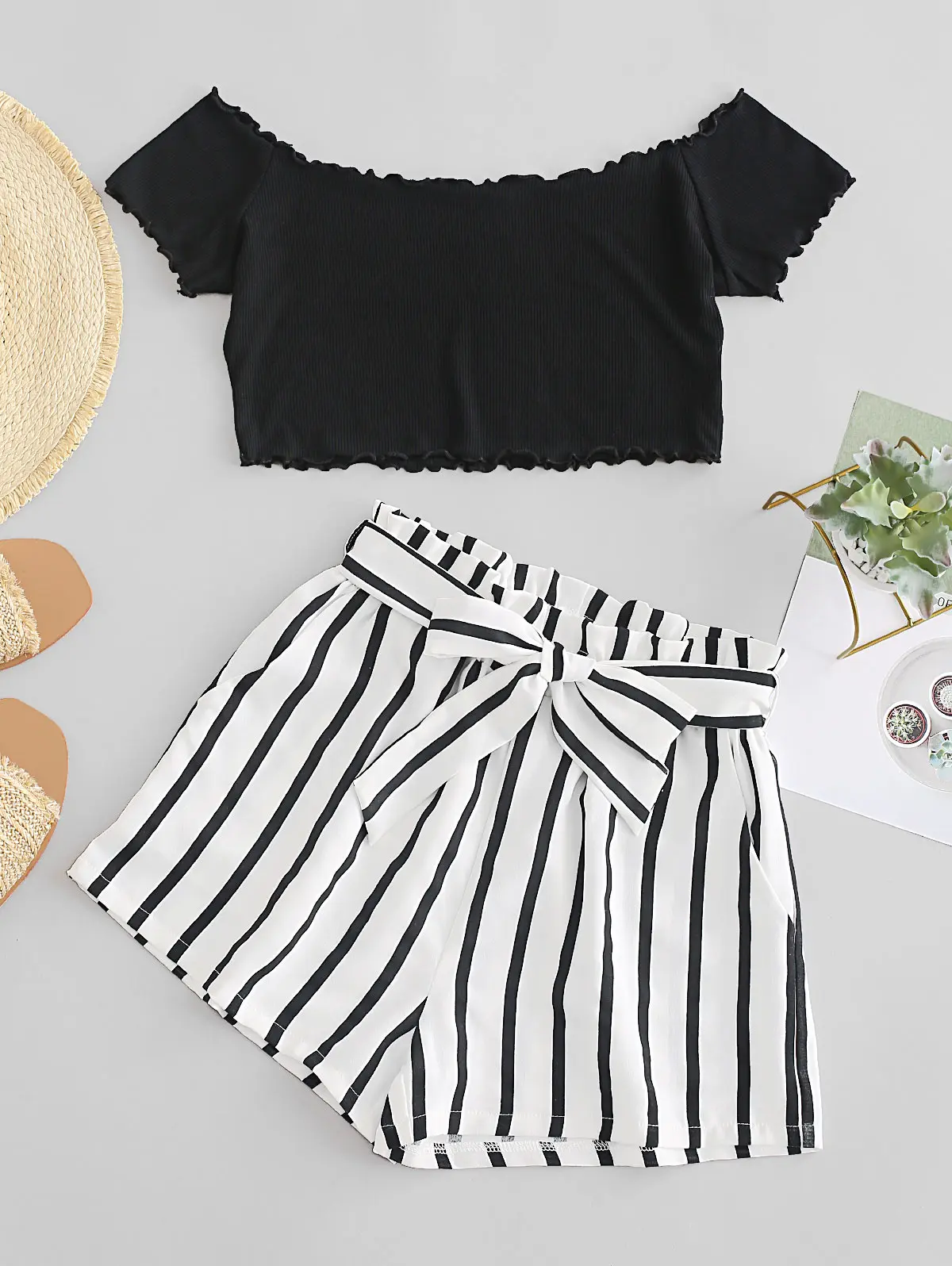 ZAFUL Womens Two Piece Outfit Off Shoulder Crop Top and Striped Shorts Set