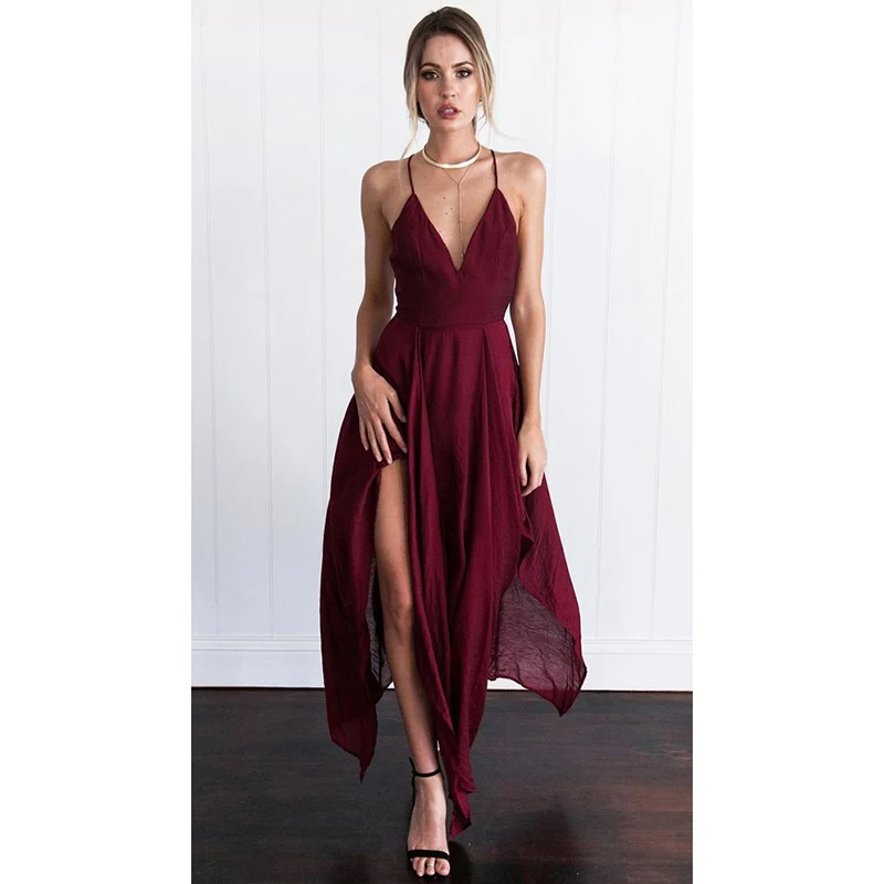 Sexy 2017 Vino Rojo Vestidos De Baile Con Escote V Alto Bajo Prom Vestidos De Noche Para El 