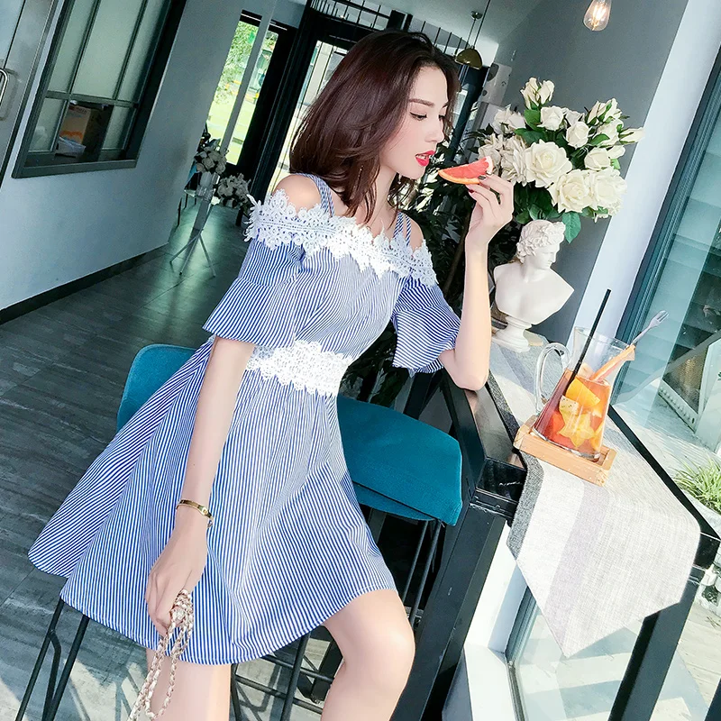 EAD Lace Off Shoulder Short Sleeve Summer Dresses Casual Stripe Women Elegant Dress High Waist a Line Sexy Sundress Lady Vestido EAD Lace Off Shoulder Short Sleeve Summer Dresses Casual Stripe Women Elegant Dress High Waist a Line Sexy Sundress Lady Vestido