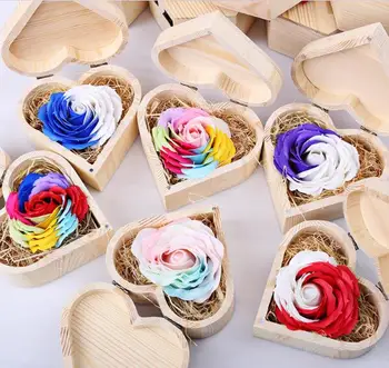 

1set 2.5" Multicolor Rose Flower Soap With Heart Wood Box For Wedding Party Birthday Souvenirs Gifts Favor Home Decoration