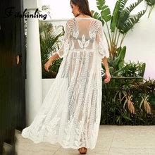 Fitshinling Nakış Dantel Seksi Sarong Plaj Cover Up Mayo Boho Tatil Beyaz Kimono Yaz Şeffaf Saida de Praia Satış