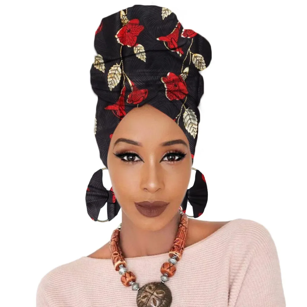 Print turban traditional African headscarf women headtie with earring (2)