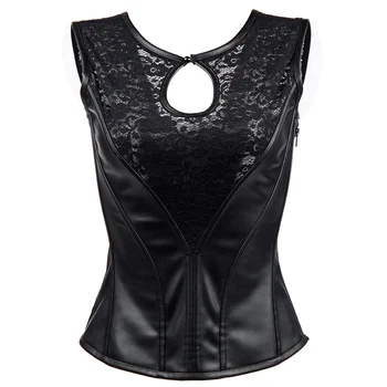 

New Steampunk Black Sexy Lace Splice Leather Side Zipper Overbust Corset Female Abdomen Shaping Top Hollow Out Overbust Corset