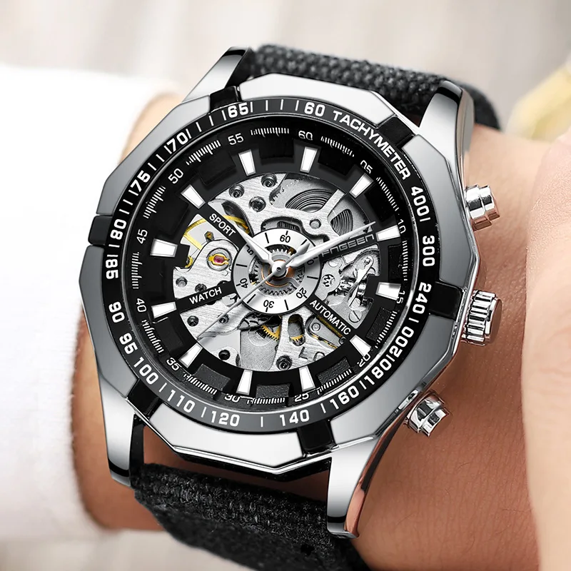 Дизайн полый гравировальный черный серебряный корпус стальной Скелет автоматические механические часы для мужчин люксовый бренд Heren Horloge