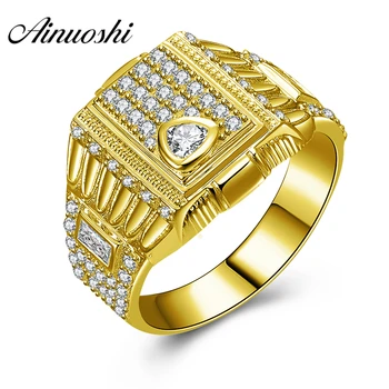 

AINUOSHI Luxury 14K Solid Yellow Gold Men Ring Wedding Band Rectangle Cluster Ring Wedding Engagement Real Gold Jewelry Men Band