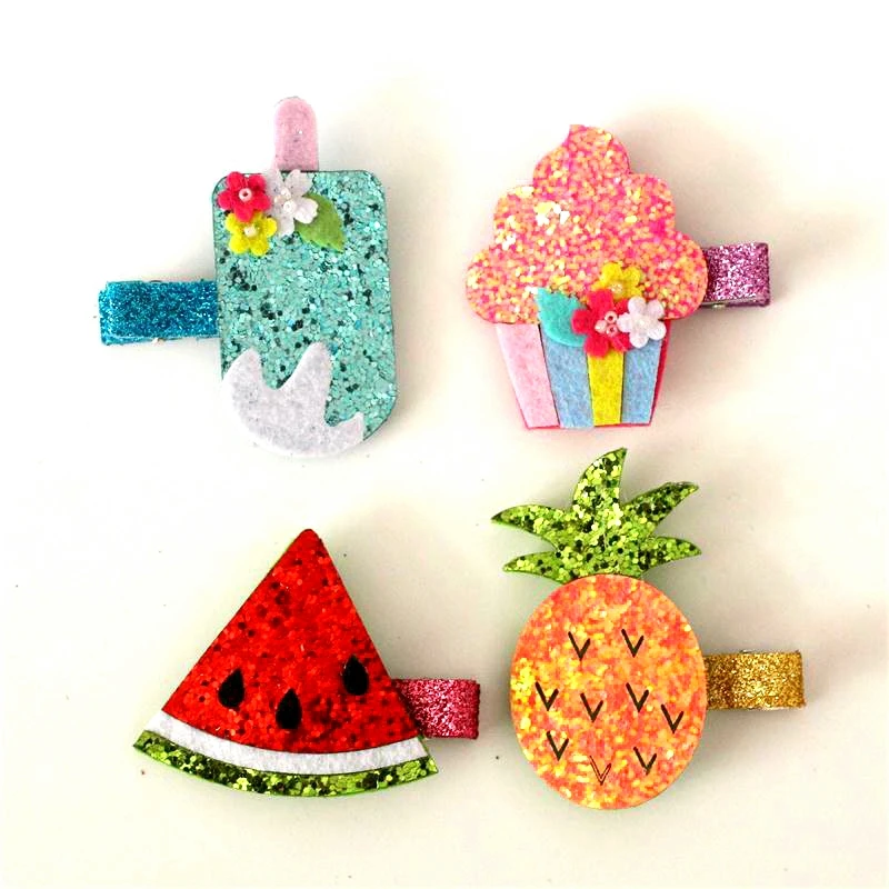 

Hotsale Hair Clips 10pcs/lot Glitter Felt Shape Fruit Food Shape Watermelon Barrettes Icecream Hairpins Pineapple Hair Grips