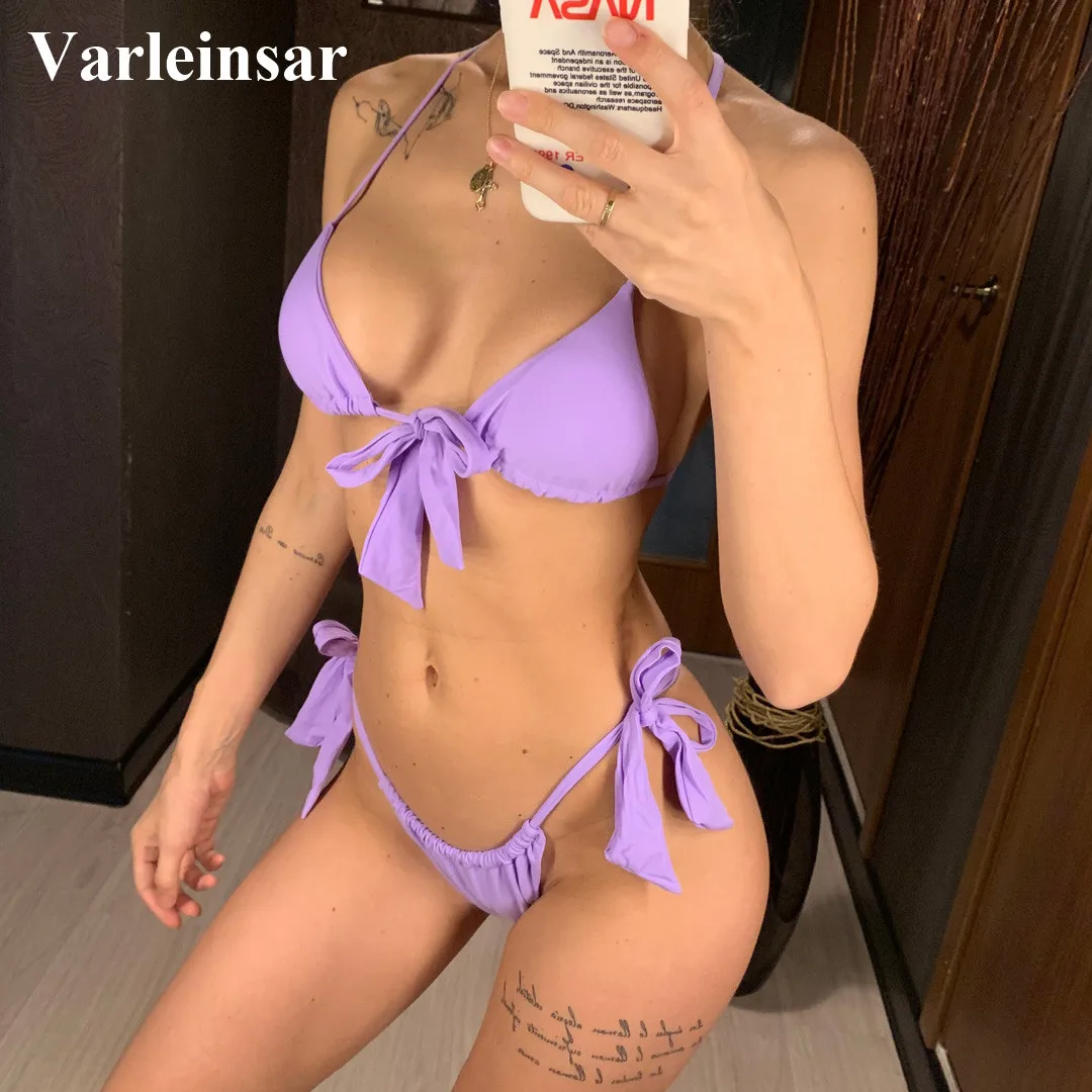 

Neon Green Knotted Bikini 2019 Female Swimsuit Women Swimwear Two-pieces Bikini set Bather Halter Bathing Suit Swim Wear V1296