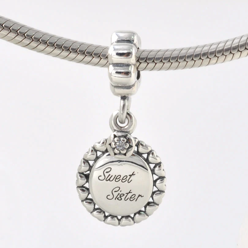 

Fits Pandora Charms Bracelet Necklace 925 Sterling Silver Sweet Sister with clear CZ Dangle Charm pendant DIY Jewelry Making
