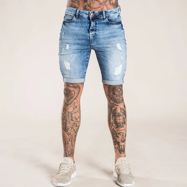 Gingtto Skinny Shorts Ripped Repaired Distressed Jean Shorts Mens Guys