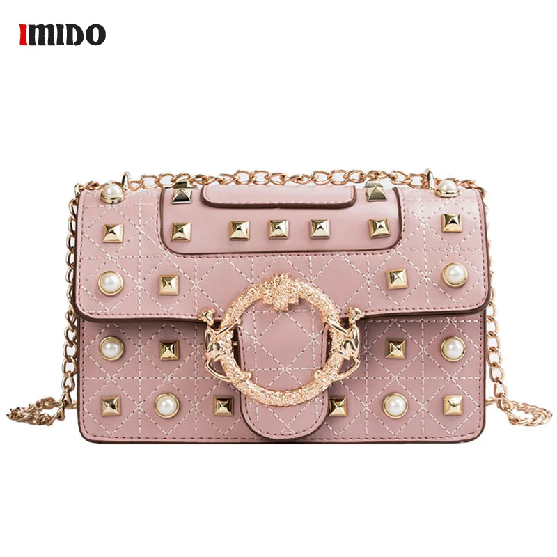 

Women Metal Rivet Shoulder Bags Women's Pearl Handbag Leather Flap Crossbody Purse High Quaity Punk Black Pink Small Chain Bags